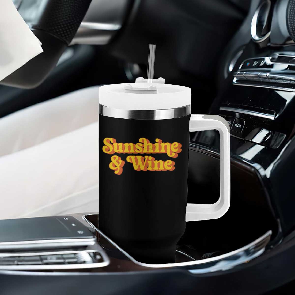 Funny Drinking Tumbler With Handle Sunshine & Wine Retro Drinking Summer Vintage 70's TS10 Print Your Wear
