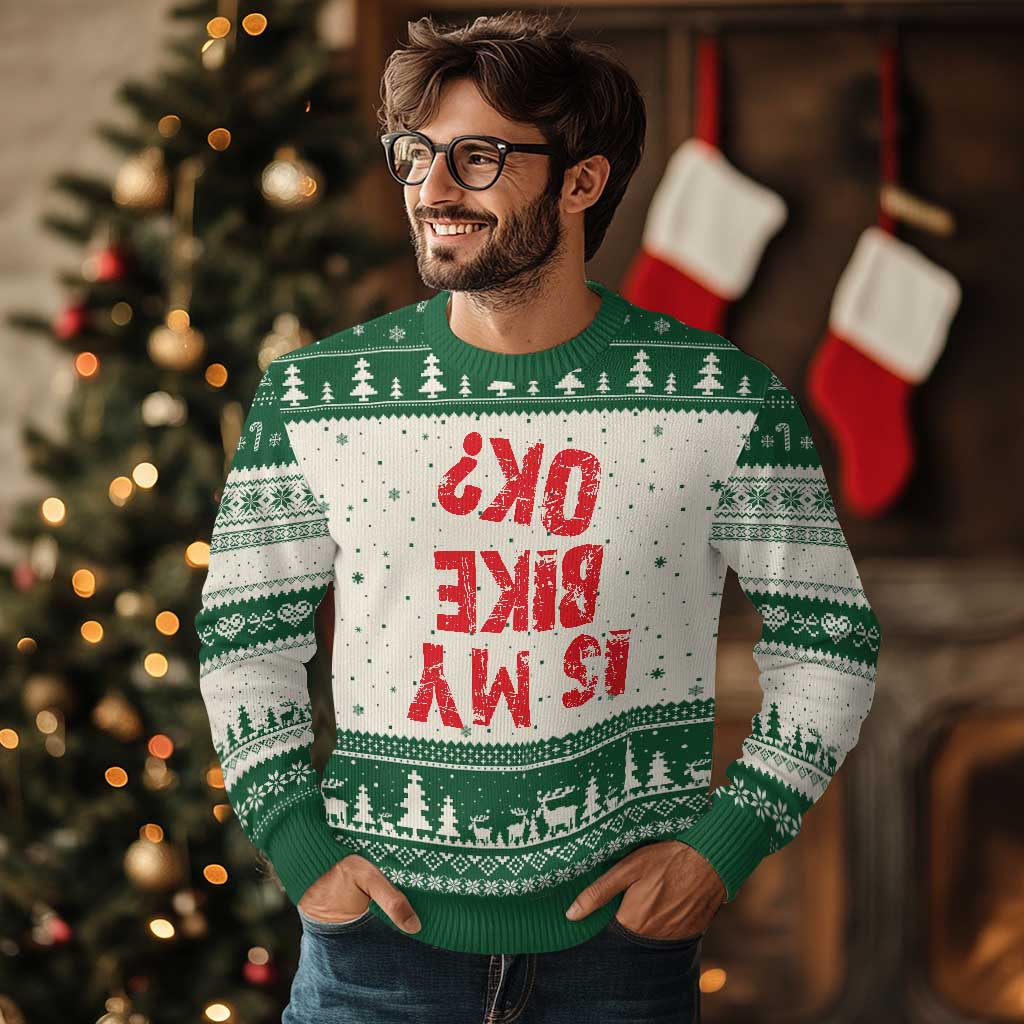 Is My Bike OK? Funny Motorcycle Dirt Bike Biker Ugly Christmas Sweater Funny Mountain Biking Biker Cycling TS10 Beige Green Print Your Wear