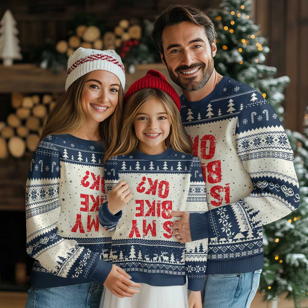 Is My Bike OK? Funny Motorcycle Dirt Bike Biker Ugly Christmas Sweater Funny Mountain Biking Biker Cycling TS10 Beige Navy Print Your Wear