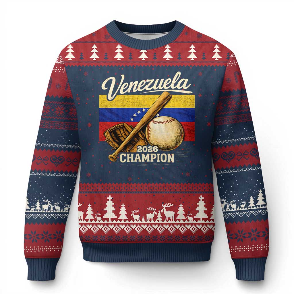 Venezuela Baseball 2026 Ugly Christmas Sweater Champions Vintage Venezuelan Flag Baseball Fan Gift TS10 Navy Red Print Your Wear