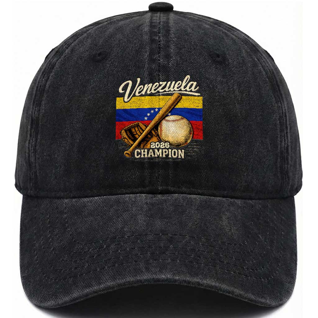 Venezuela Baseball 2026 Washed Cotton Baseball Cap Champions Vintage Venezuelan Flag Baseball Fan Gift TS10 Washed Cap Universal Fit Black Print Your Wear