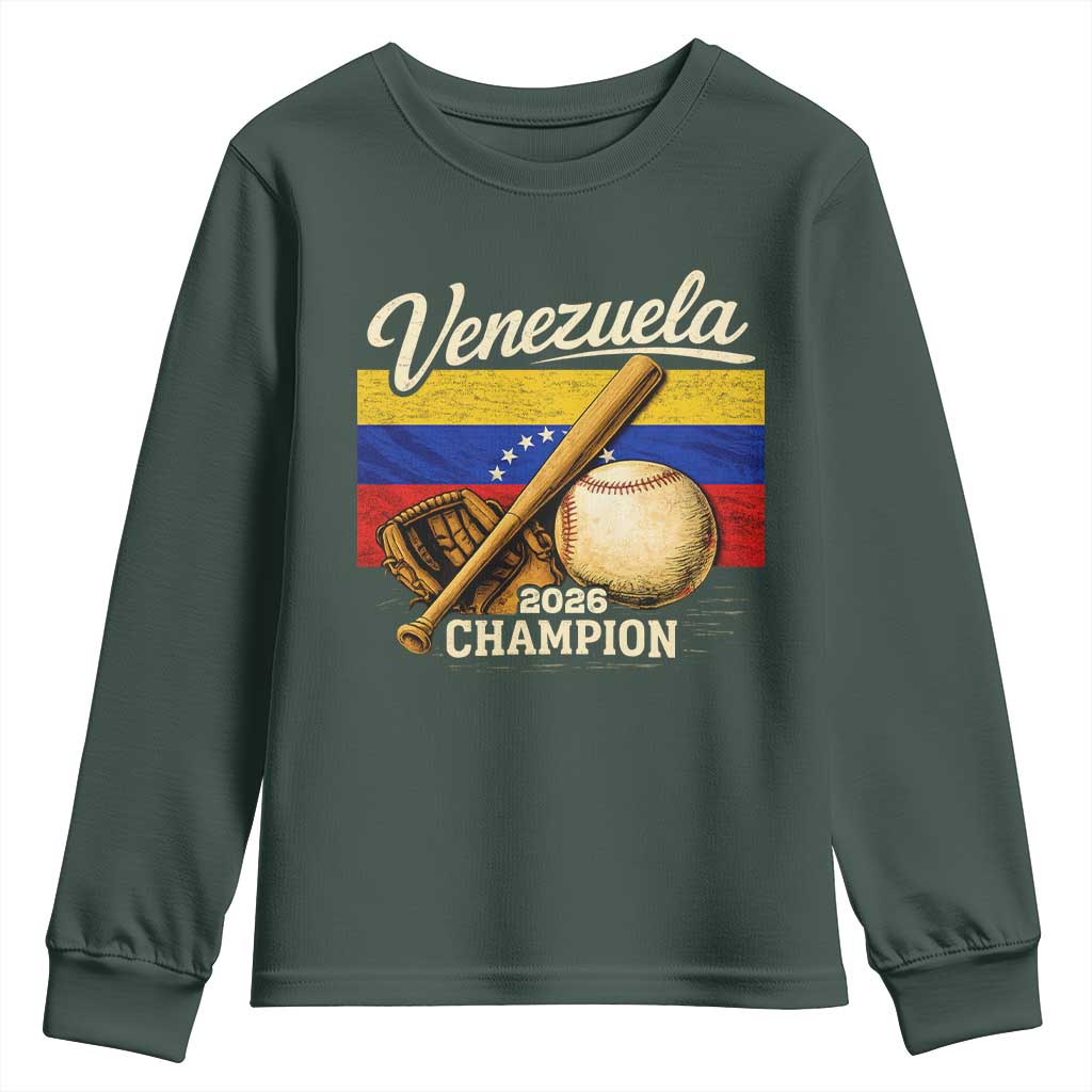 Venezuela Baseball 2026 Youth Sweatshirt Champions Vintage Venezuelan Flag Baseball Fan Gift TS10 Dark Forest Green Print Your Wear
