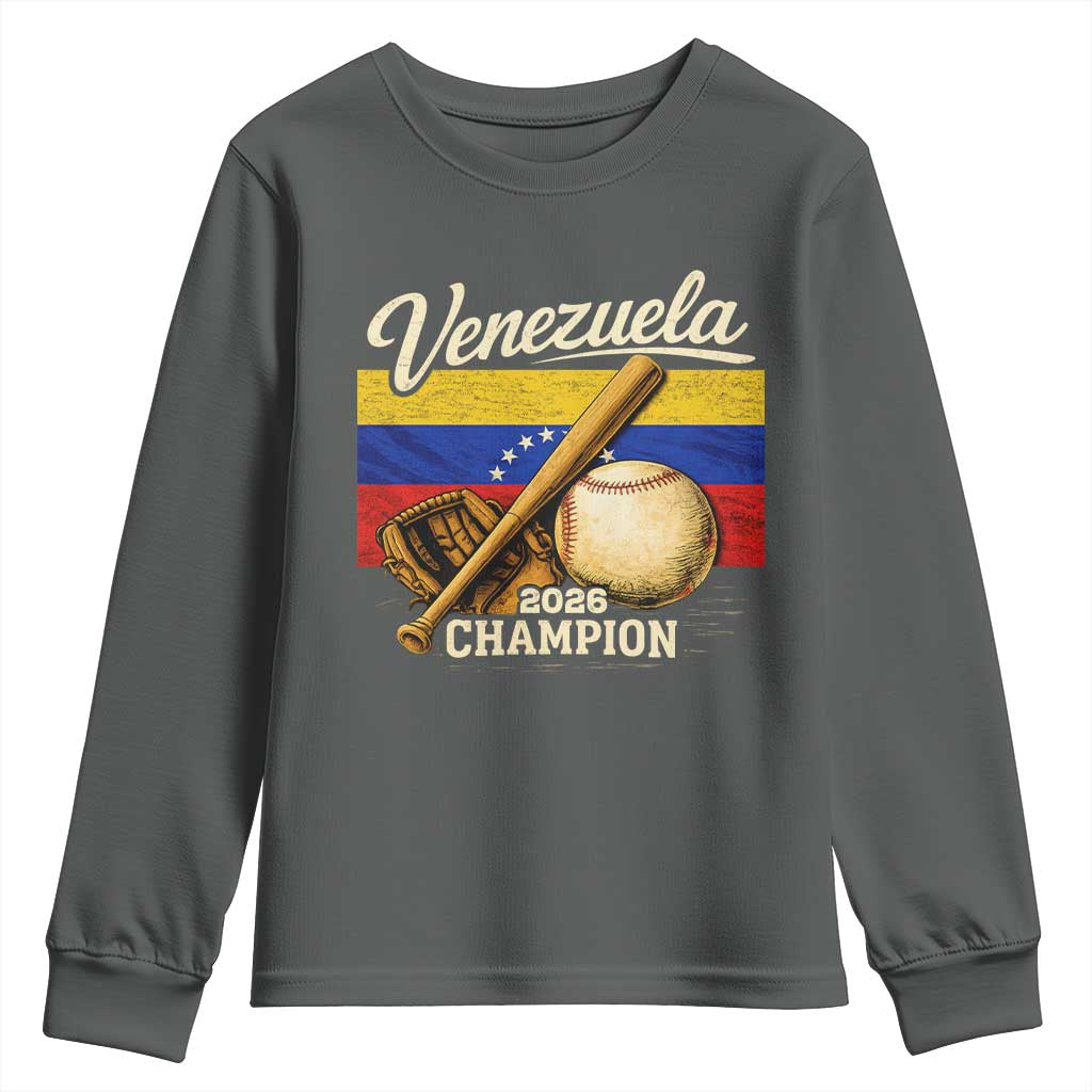 Venezuela Baseball 2026 Youth Sweatshirt Champions Vintage Venezuelan Flag Baseball Fan Gift TS10 Dark Heather Print Your Wear