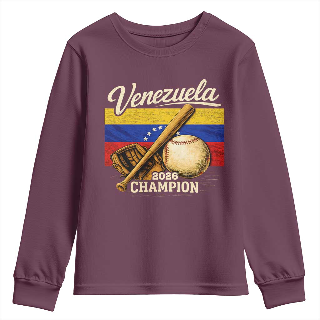 Venezuela Baseball 2026 Youth Sweatshirt Champions Vintage Venezuelan Flag Baseball Fan Gift TS10 Maroon Print Your Wear