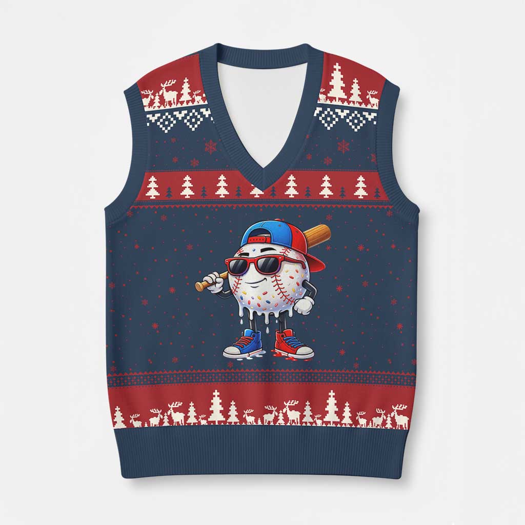 Baseball Drip Ice Cream V-Neck Knit Sweater Vest Youth Drip Baseball Boys Kid Red White And Blue TS10 Navy Red Print Your Wear