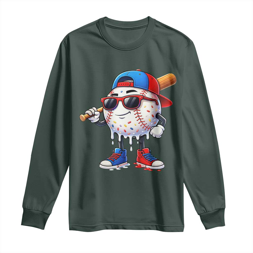 Baseball Drip Ice Cream Long Sleeve Shirt Youth Drip Baseball Boys Kid Red White And Blue TS10 Dark Forest Green Print Your Wear