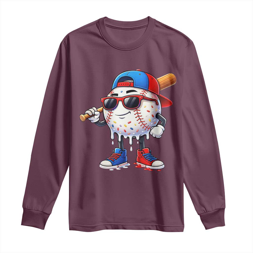 Baseball Drip Ice Cream Long Sleeve Shirt Youth Drip Baseball Boys Kid Red White And Blue TS10 Maroon Print Your Wear