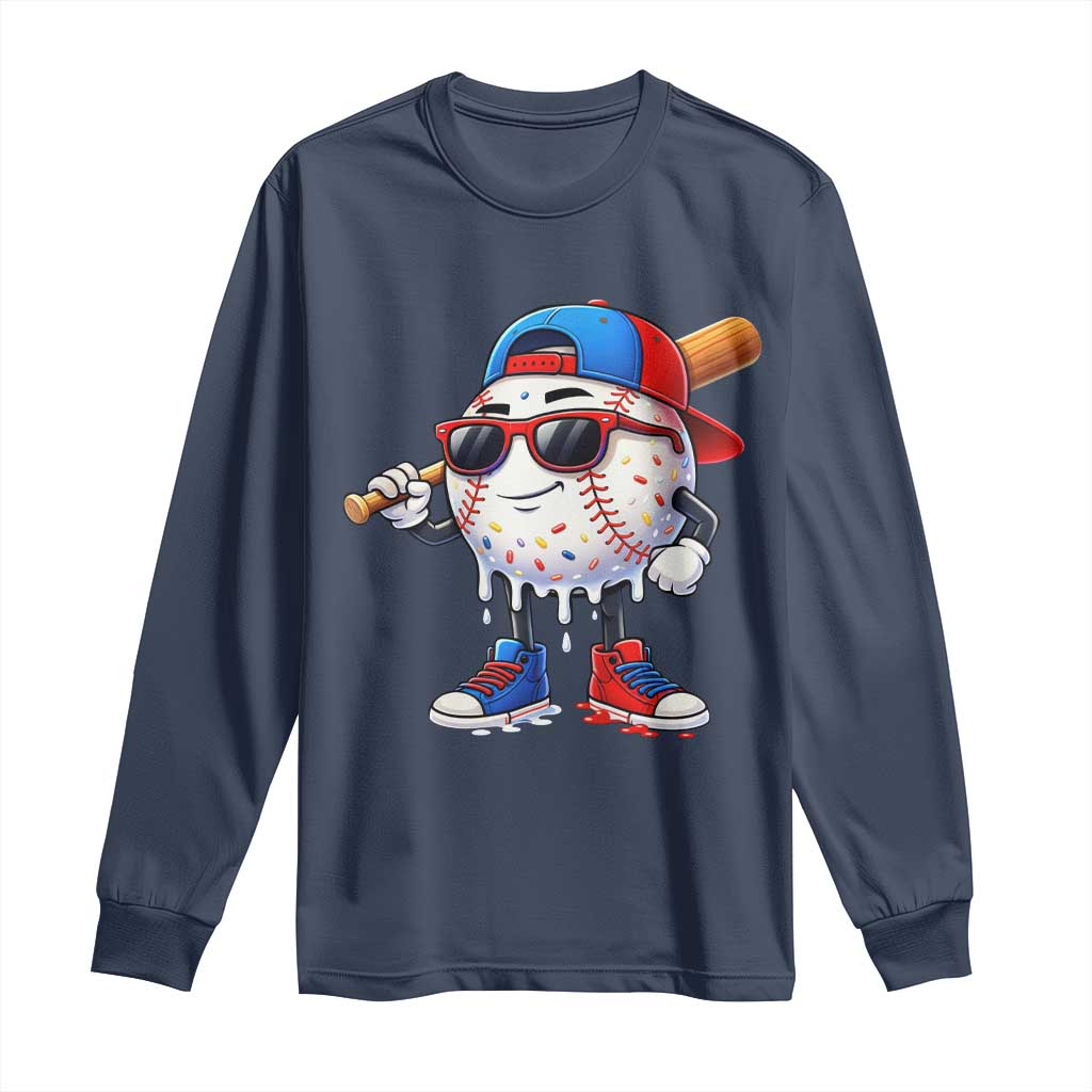 Baseball Drip Ice Cream Long Sleeve Shirt Youth Drip Baseball Boys Kid Red White And Blue TS10 Navy Print Your Wear