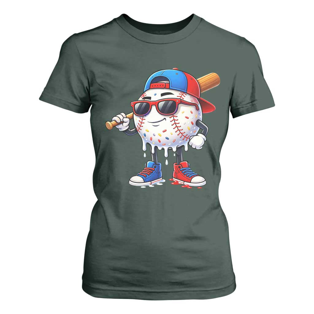 Baseball Drip Ice Cream T Shirt For Women Youth Drip Baseball Boys Kid Red White And Blue TS10 Dark Forest Green Print Your Wear