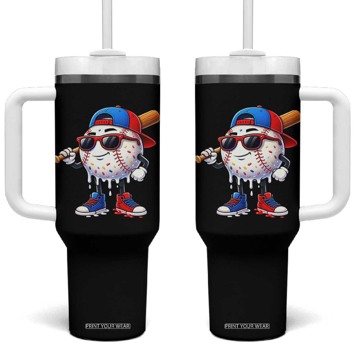 Baseball Drip Ice Cream Tumbler With Handle Youth Drip Baseball Boys Kid Red White And Blue TS10 One Size: 40 oz Black Print Your Wear