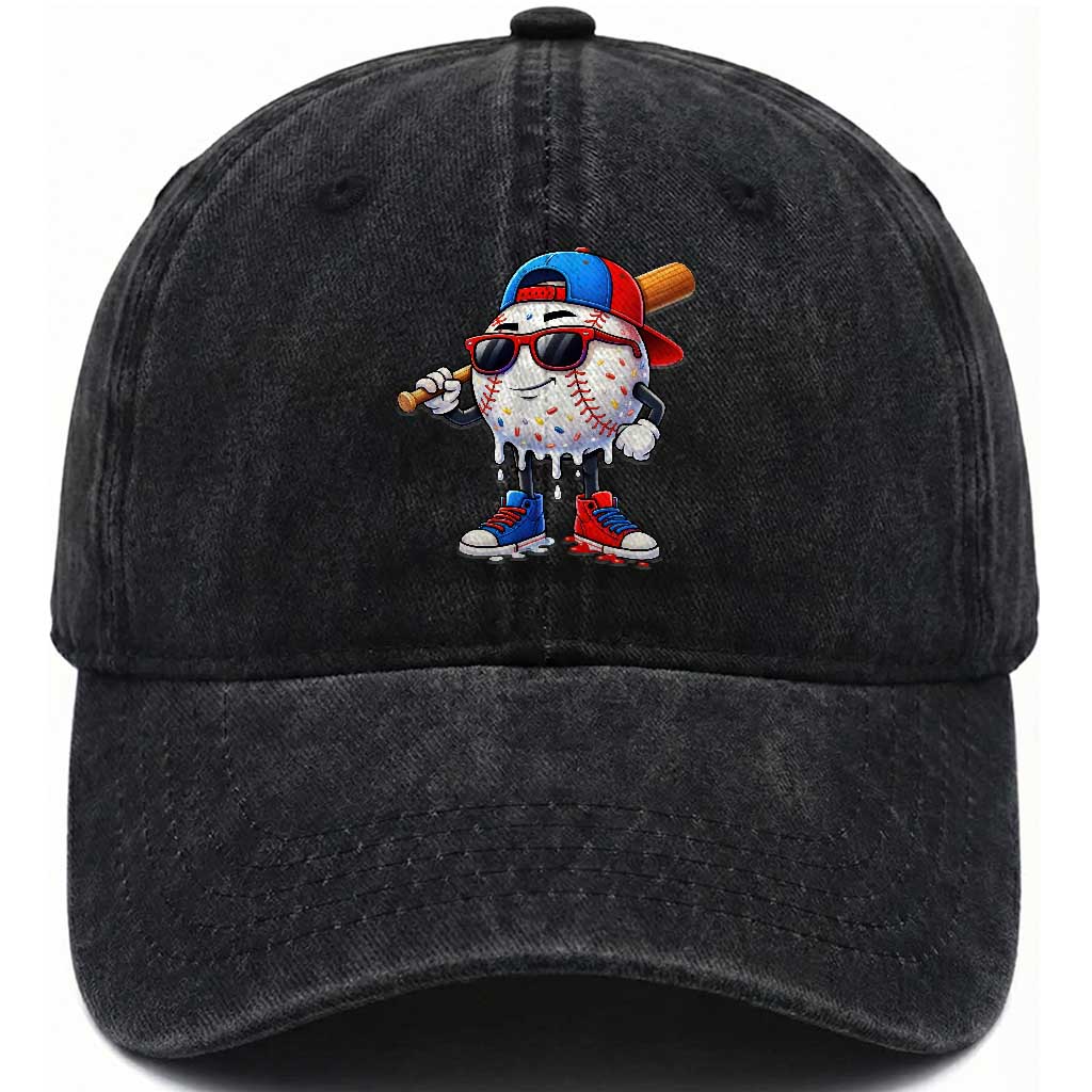 Baseball Drip Ice Cream Washed Cotton Baseball Cap Youth Drip Baseball Boys Kid Red White And Blue TS10 Washed Cap Universal Fit Black Print Your Wear