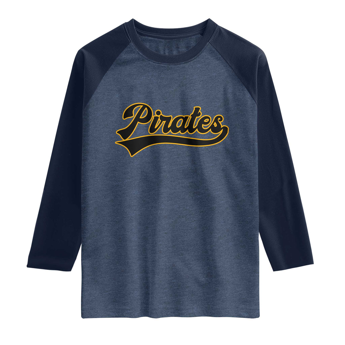 Vintage Pirates Raglan Shirt Varsity Script Retro Sports Jersey Style Baseball Fans TS10 Heather Denim Navy Print Your Wear