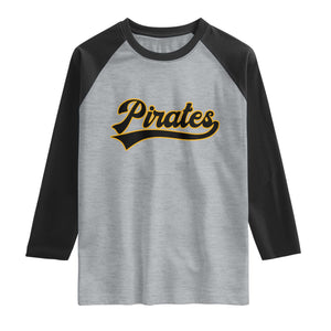 Vintage Pirates Raglan Shirt Varsity Script Retro Sports Jersey Style Baseball Fans TS10 Heather Gray Black Print Your Wear