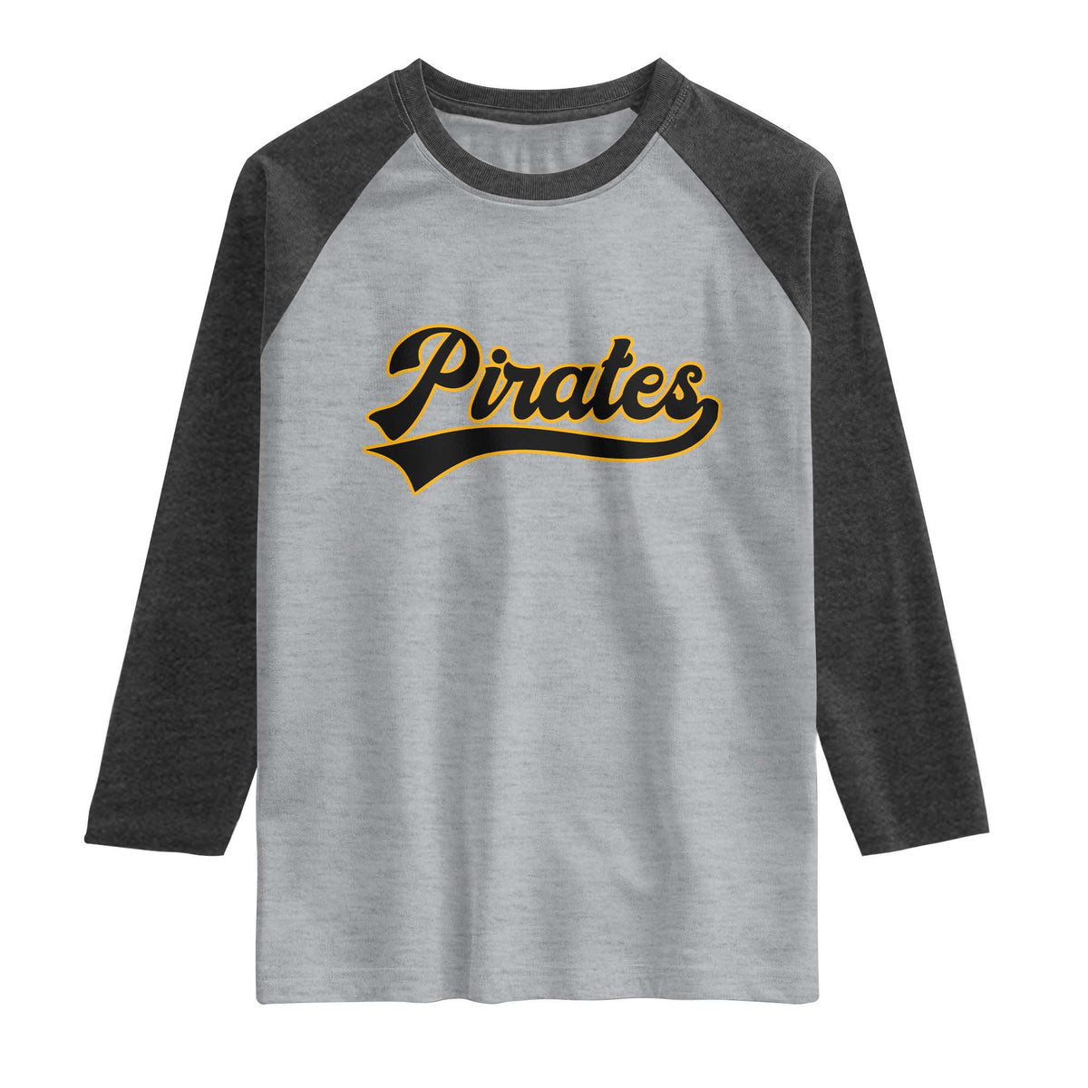 Vintage Pirates Raglan Shirt Varsity Script Retro Sports Jersey Style Baseball Fans TS10 Heather Gray Heather Charcoal Print Your Wear