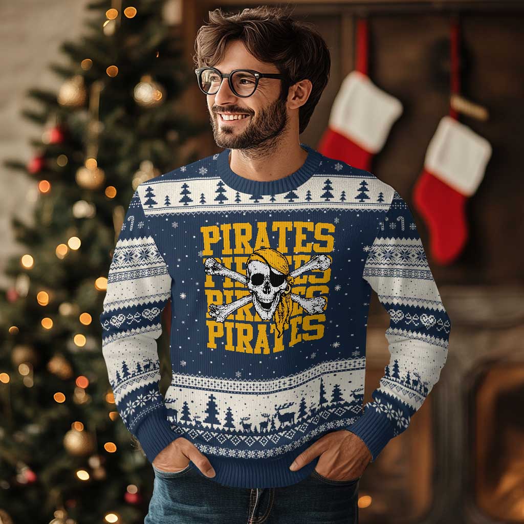 Retro Pirates Ugly Christmas Sweater Vintage Retro Skull Crossbones Baseball Fans TS10 Navy Beige Print Your Wear