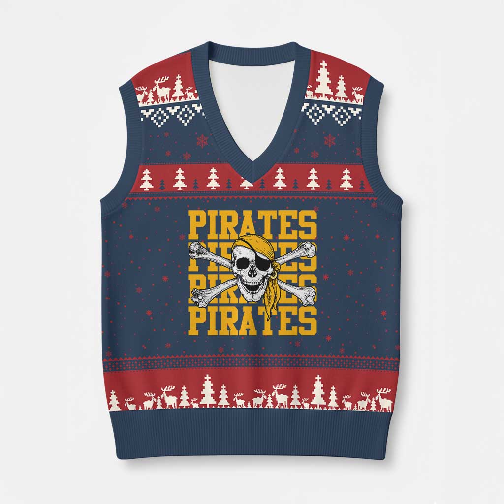 Retro Pirates V-Neck Knit Sweater Vest Vintage Retro Skull Crossbones Baseball Fans TS10 Navy Red Print Your Wear