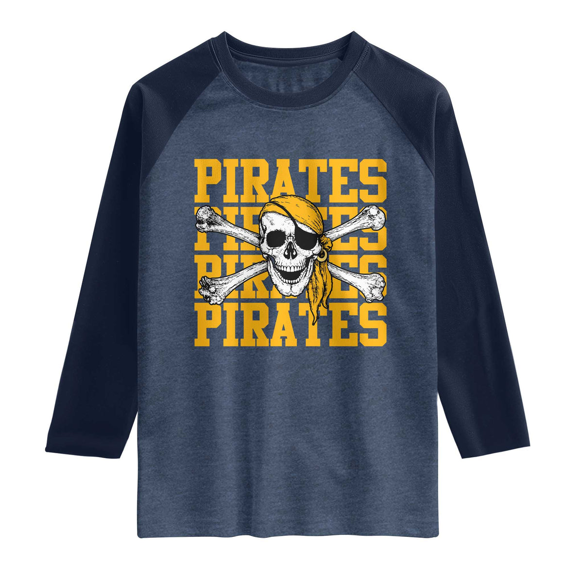 Retro Pirates Raglan Shirt Vintage Retro Skull Crossbones Baseball Fans TS10 Heather Denim Navy Print Your Wear
