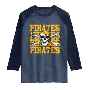 Retro Pirates Raglan Shirt Vintage Retro Skull Crossbones Baseball Fans TS10 Heather Denim Navy Print Your Wear