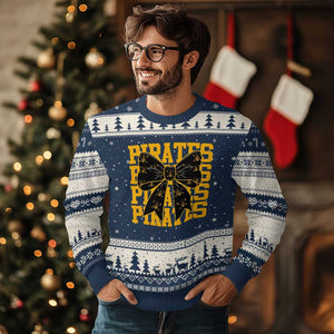Pirates Coquette Bow Ugly Christmas Sweater Retro Sports Style Pirate Skull TS10 Navy Beige Print Your Wear
