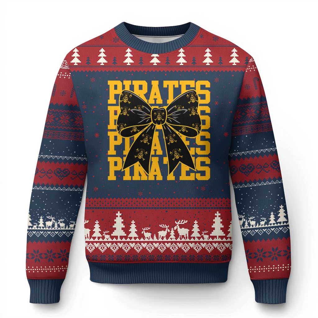Pirates Coquette Bow Ugly Christmas Sweater Retro Sports Style Pirate Skull TS10 Navy Red Print Your Wear
