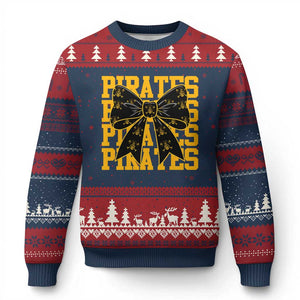 Pirates Coquette Bow Ugly Christmas Sweater Retro Sports Style Pirate Skull TS10 Navy Red Print Your Wear