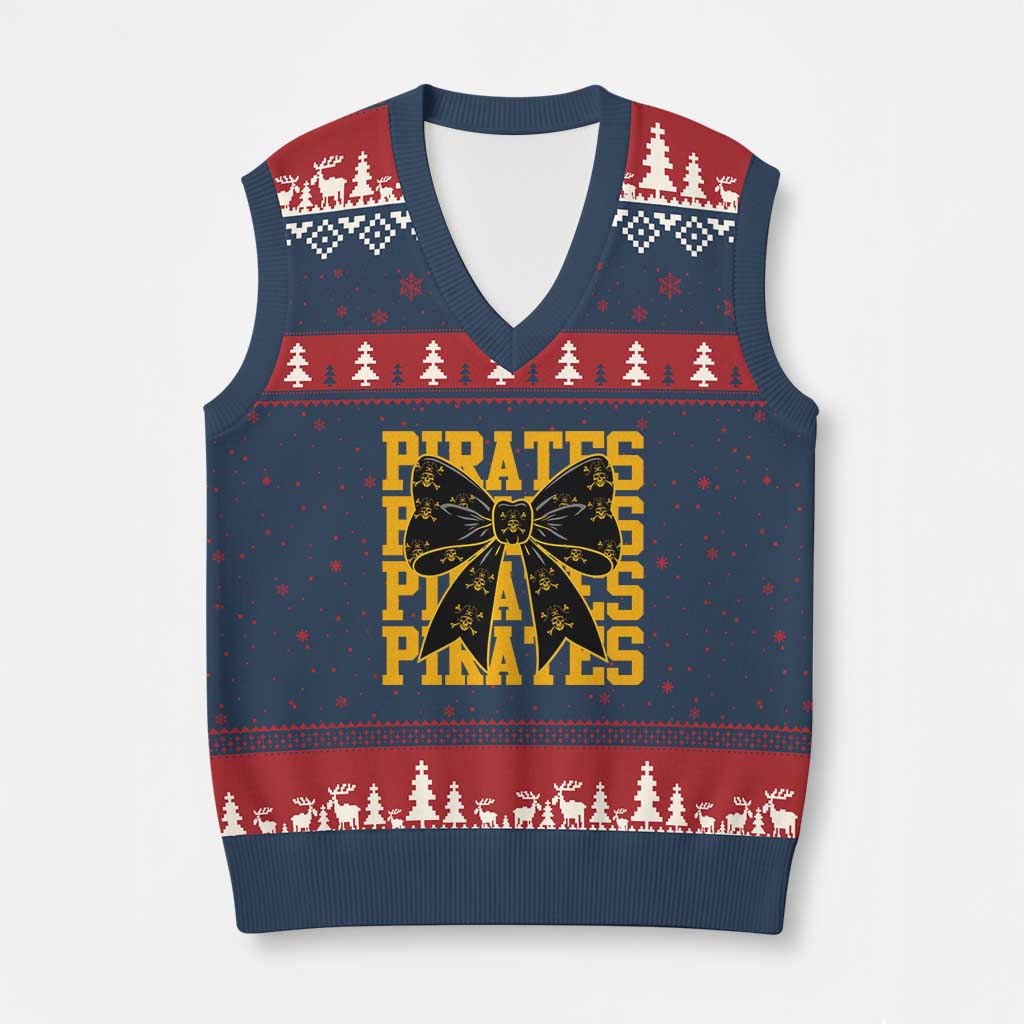 Pirates Coquette Bow V-Neck Knit Sweater Vest Retro Sports Style Pirate Skull TS10 Navy Red Print Your Wear