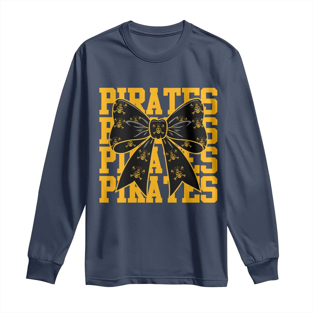 Pirates Coquette Bow Long Sleeve Shirt Retro Sports Style Pirate Skull TS10 Navy Print Your Wear