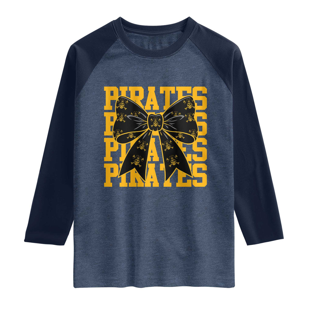 Pirates Coquette Bow Raglan Shirt Retro Sports Style Pirate Skull TS10 Heather Denim Navy Print Your Wear