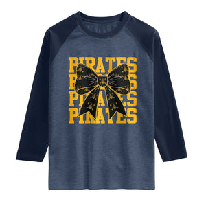 Pirates Coquette Bow Raglan Shirt Retro Sports Style Pirate Skull TS10 Heather Denim Navy Print Your Wear