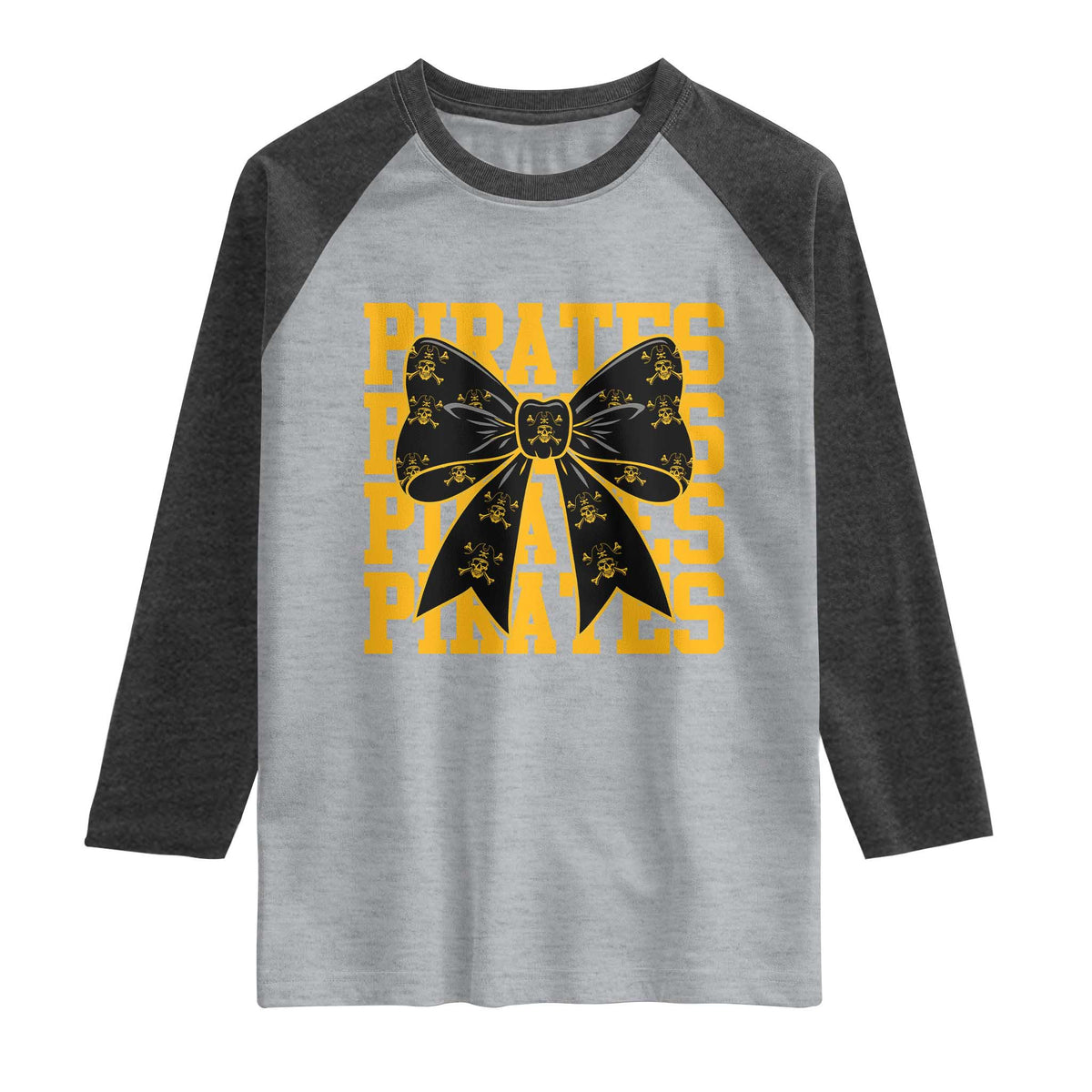 Pirates Coquette Bow Raglan Shirt Retro Sports Style Pirate Skull TS10 Heather Gray Heather Charcoal Print Your Wear