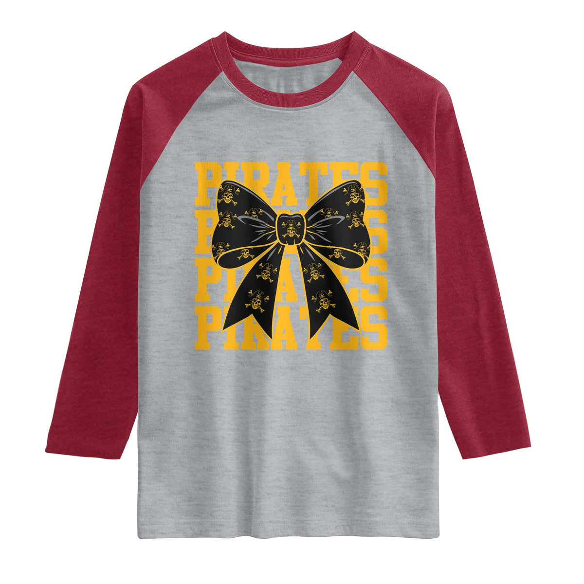 Pirates Coquette Bow Raglan Shirt Retro Sports Style Pirate Skull TS10 Heather Gray Heather Red Print Your Wear