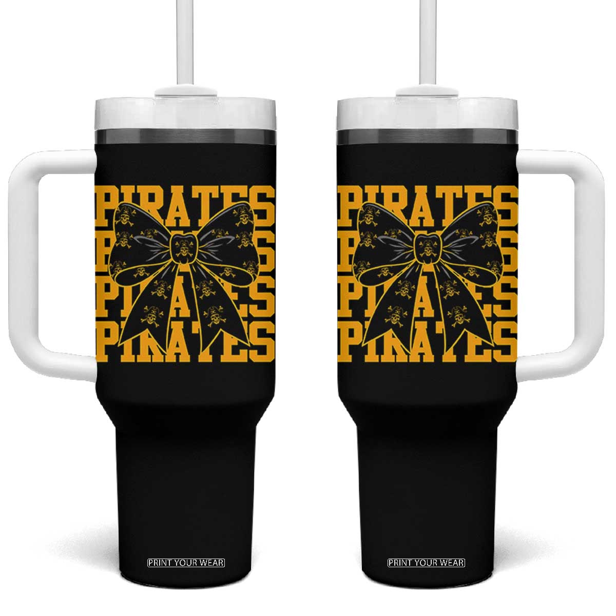 Pirates Coquette Bow Tumbler With Handle Retro Sports Style Pirate Skull TS10 One Size: 40 oz Black Print Your Wear