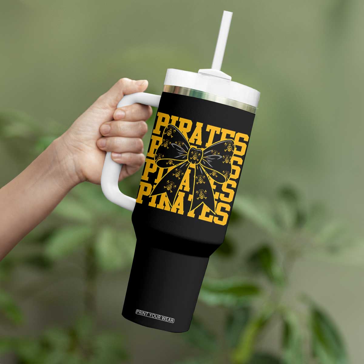 Pirates Coquette Bow Tumbler With Handle Retro Sports Style Pirate Skull TS10 Print Your Wear