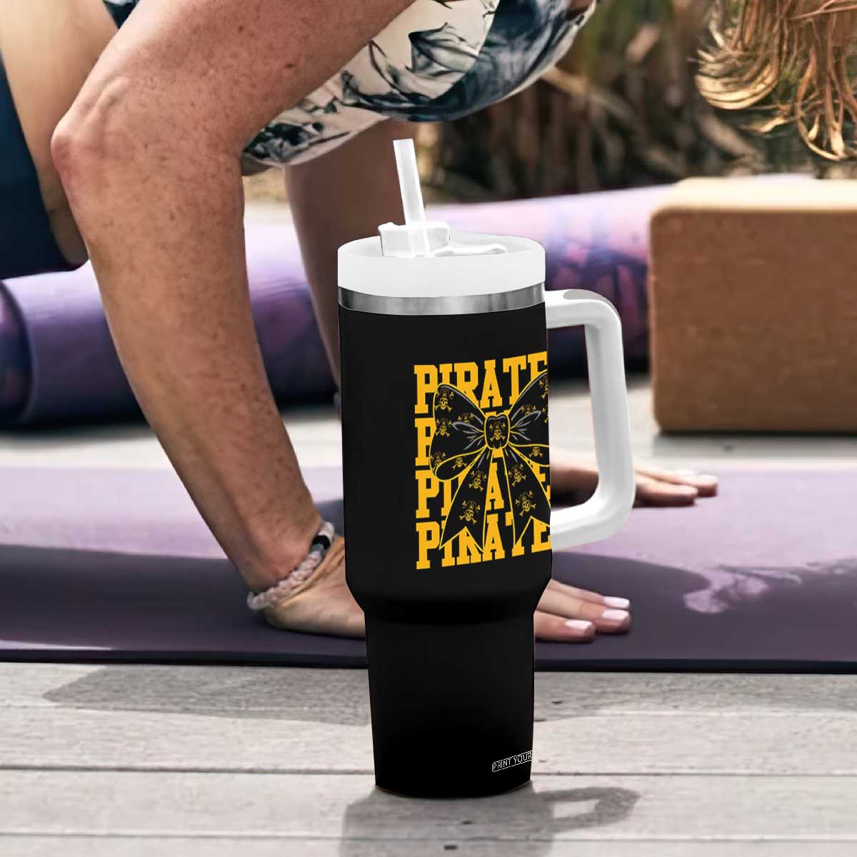Pirates Coquette Bow Tumbler With Handle Retro Sports Style Pirate Skull TS10 Print Your Wear
