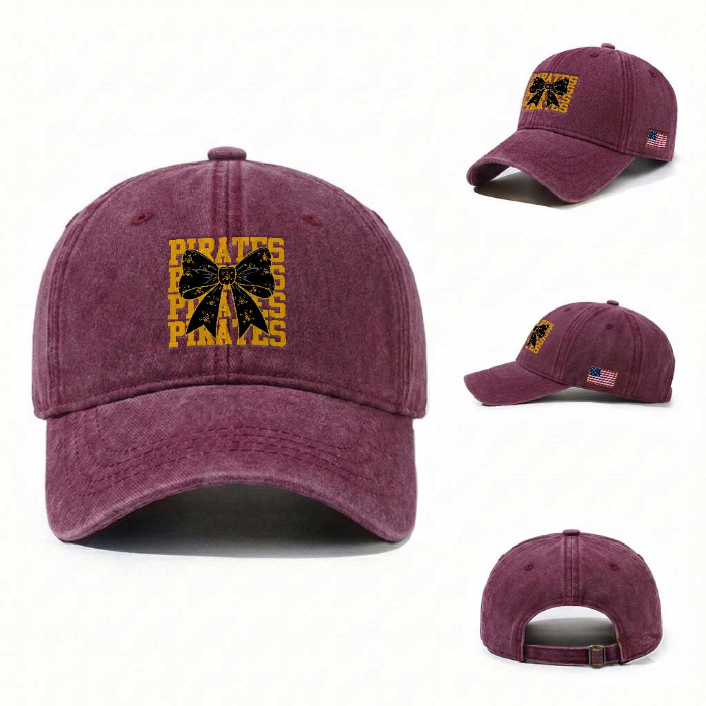 Pirates Coquette Bow Washed Cotton Baseball Cap Retro Sports Style Pirate Skull TS10 Washed Cap Universal Fit Burgundy Print Your Wear