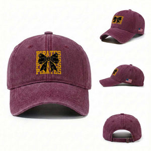 Pirates Coquette Bow Washed Cotton Baseball Cap Retro Sports Style Pirate Skull TS10 Washed Cap Universal Fit Burgundy Print Your Wear