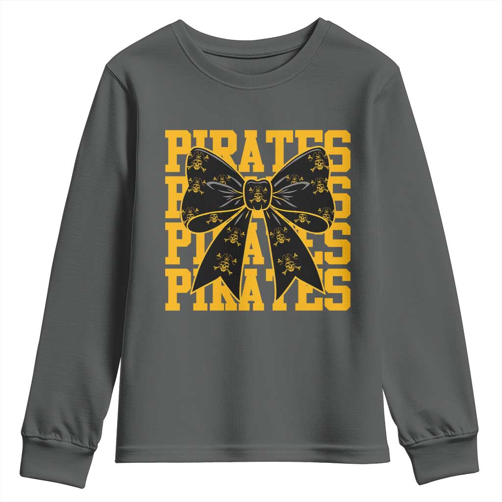 Pirates Coquette Bow Youth Sweatshirt Retro Sports Style Pirate Skull TS10 Dark Heather Print Your Wear