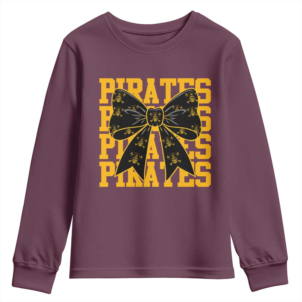 Pirates Coquette Bow Youth Sweatshirt Retro Sports Style Pirate Skull TS10 Maroon Print Your Wear