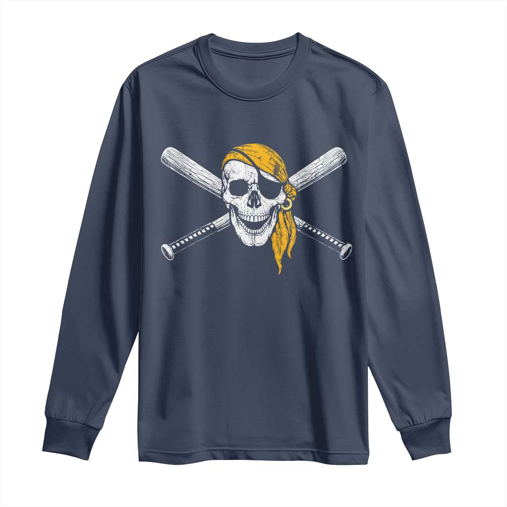 Baseball Pirate Skull Long Sleeve Shirt Retro Vintage Cross Baseball Bats TS10 Navy Print Your Wear