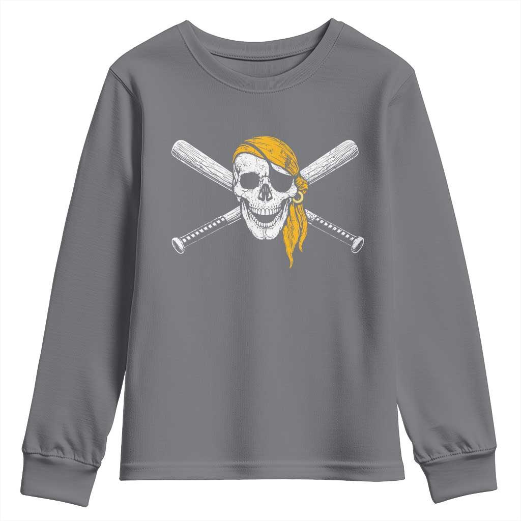 Baseball Pirate Skull Youth Sweatshirt Retro Vintage Cross Baseball Bats TS10 Charcoal Print Your Wear