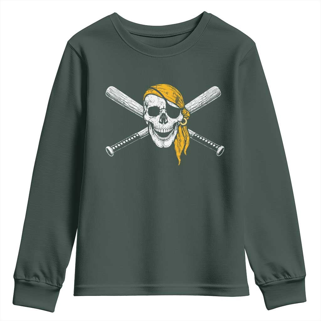 Baseball Pirate Skull Youth Sweatshirt Retro Vintage Cross Baseball Bats TS10 Dark Forest Green Print Your Wear