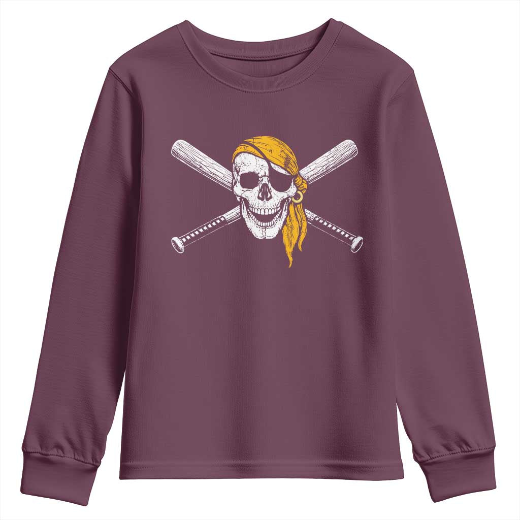 Baseball Pirate Skull Youth Sweatshirt Retro Vintage Cross Baseball Bats TS10 Maroon Print Your Wear