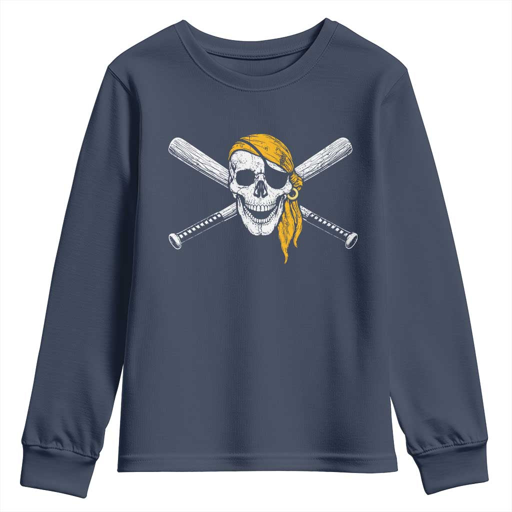 Baseball Pirate Skull Youth Sweatshirt Retro Vintage Cross Baseball Bats TS10 Navy Print Your Wear