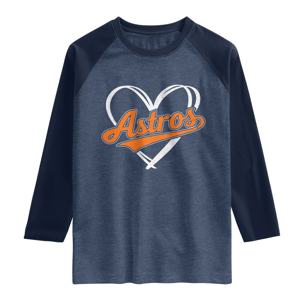 Vintage Astro Name Sports Style Raglan Shirt Varsity Script Vintage Baseball Heart Graphic TS10 Heather Denim Navy Print Your Wear