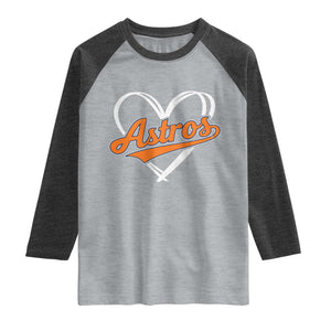 Vintage Astro Name Sports Style Raglan Shirt Varsity Script Vintage Baseball Heart Graphic TS10 Heather Gray Heather Charcoal Print Your Wear