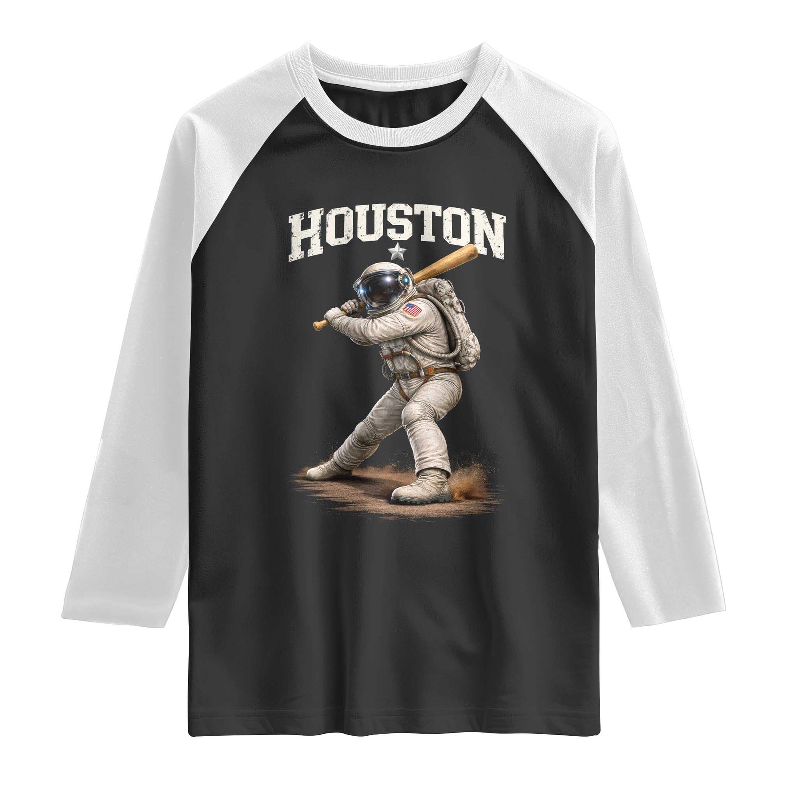 Houston Astronaut Baseball Player Raglan Shirt Clutch City TS10 Black White Print Your Wear