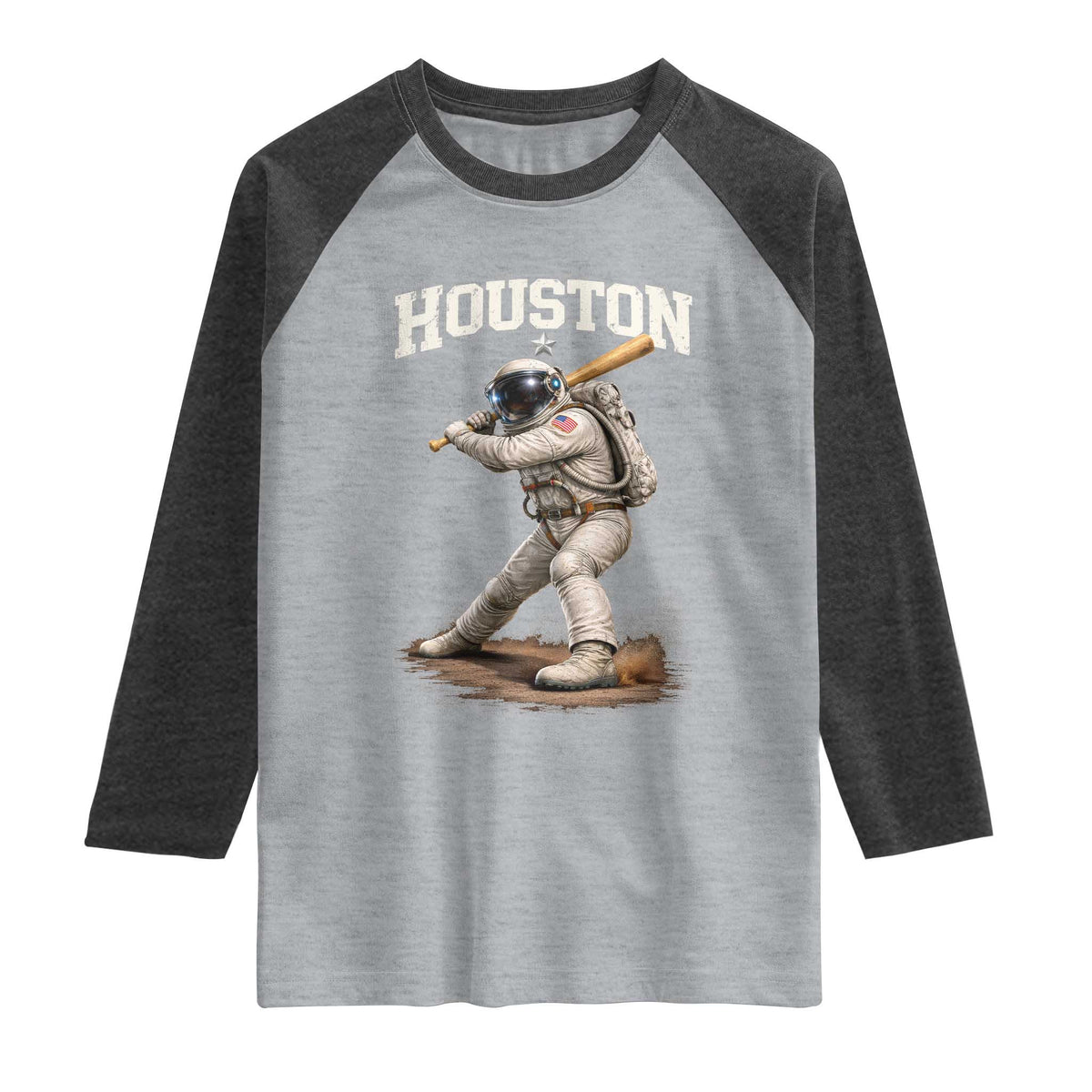 Houston Astronaut Baseball Player Raglan Shirt Clutch City TS10 Heather Gray Heather Charcoal Print Your Wear