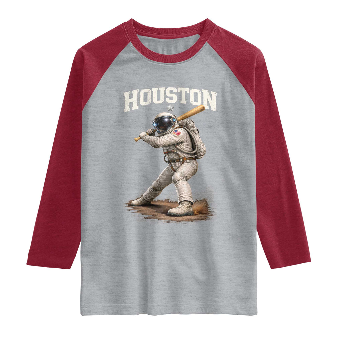 Houston Astronaut Baseball Player Raglan Shirt Clutch City TS10 Heather Gray Heather Red Print Your Wear
