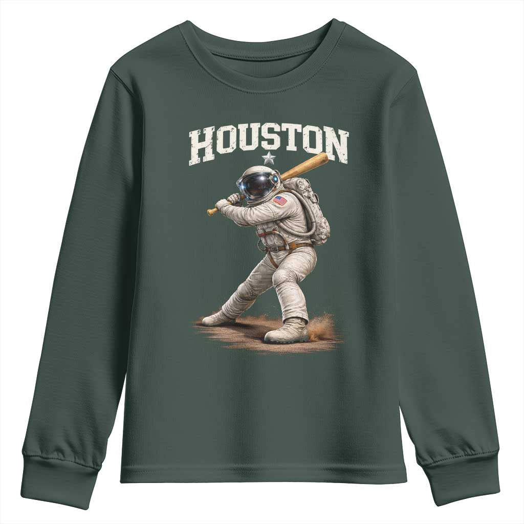 Houston Astronaut Baseball Player Youth Sweatshirt Clutch City TS10 Dark Forest Green Print Your Wear