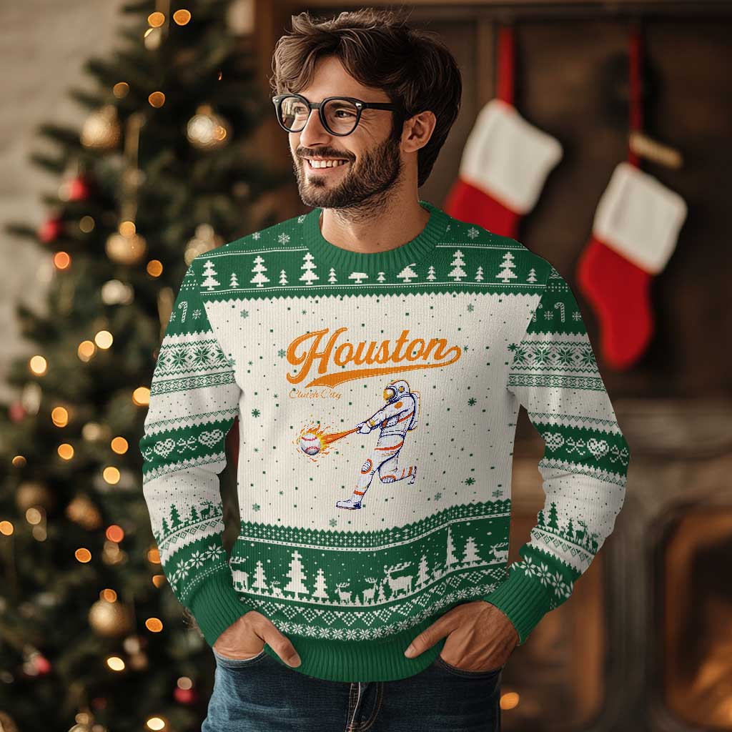 Houston Clutch City Ugly Christmas Sweater Astronaut Baseball Player In Space TS10 Beige Green Print Your Wear